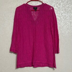 Nicole Miller Hot Pink Floral Top‎ Semi Sheer Lace Blouse V-Neck 3/4 Sleeve S